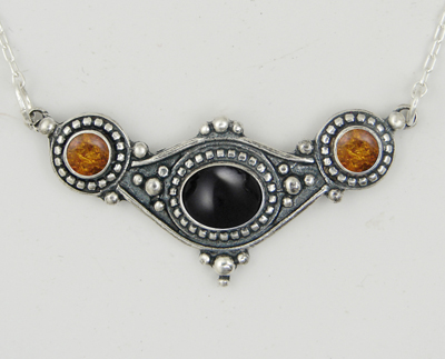 Sterling Silver Necklace With Black Onyx And Amber